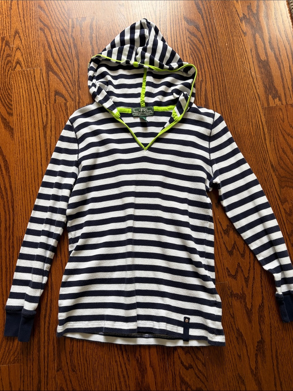 Ralph Lauren Navy and White Striped Top with Neon Green Trim